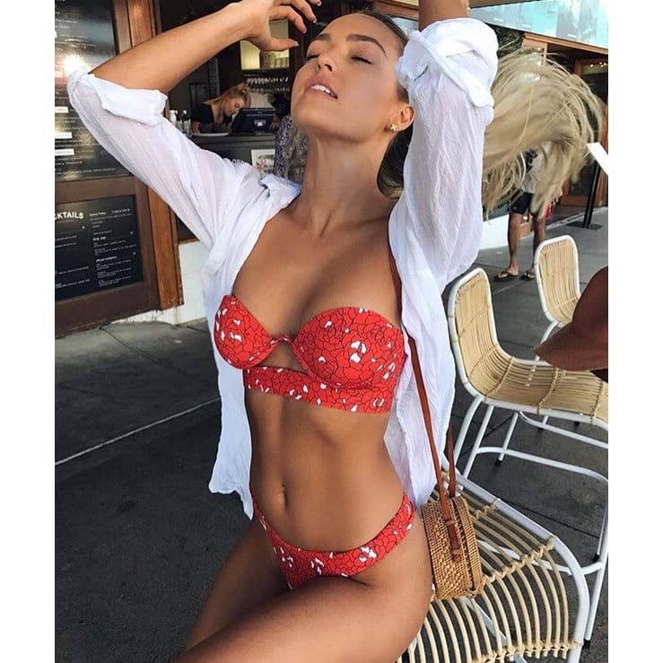 Strapless Push Up Underwire Bandeau Low Rise Bikini - Red / S On sale