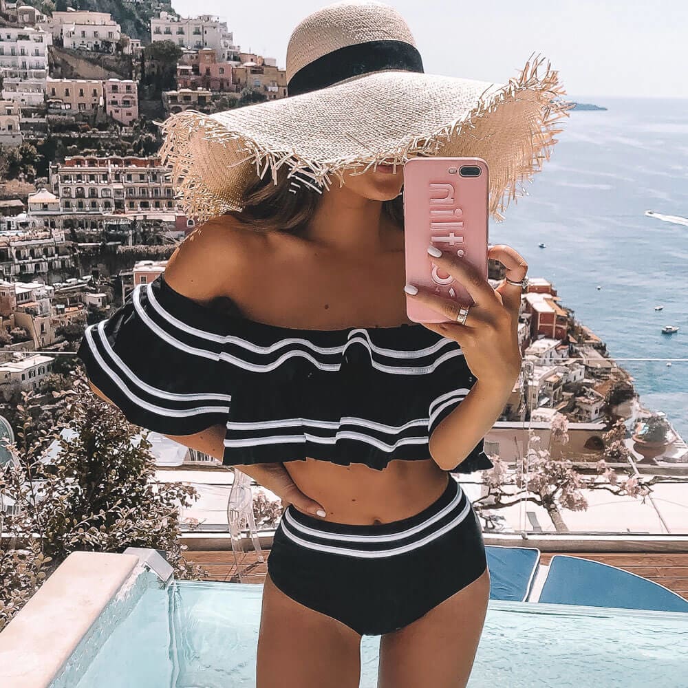 Stripe High Waist Off Shoulder Brazilian Two Piece Bikini Swimsuit - On sale