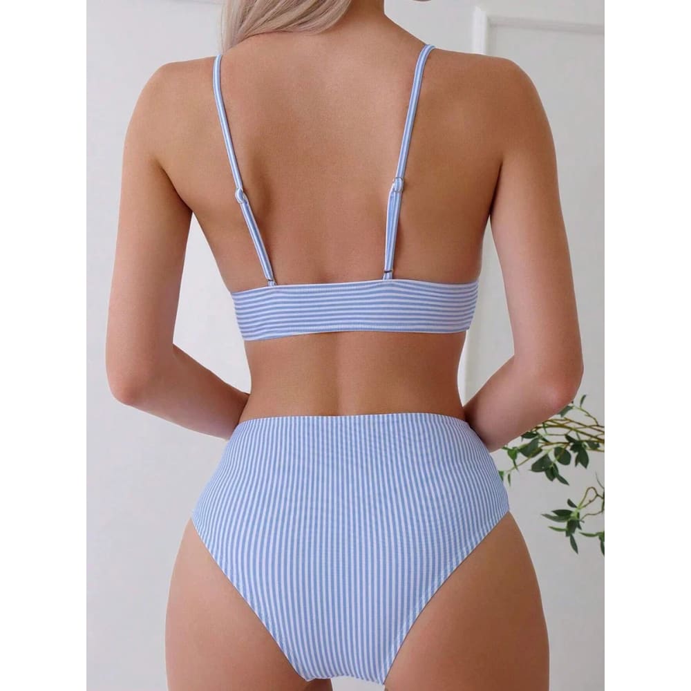 Striped High-Waisted Ruffle Bikini Set - On sale