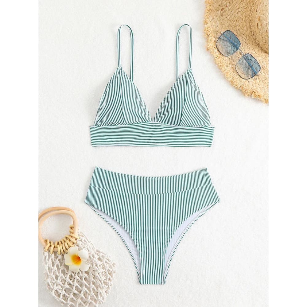 Striped High-Waisted Ruffle Bikini Set - On sale