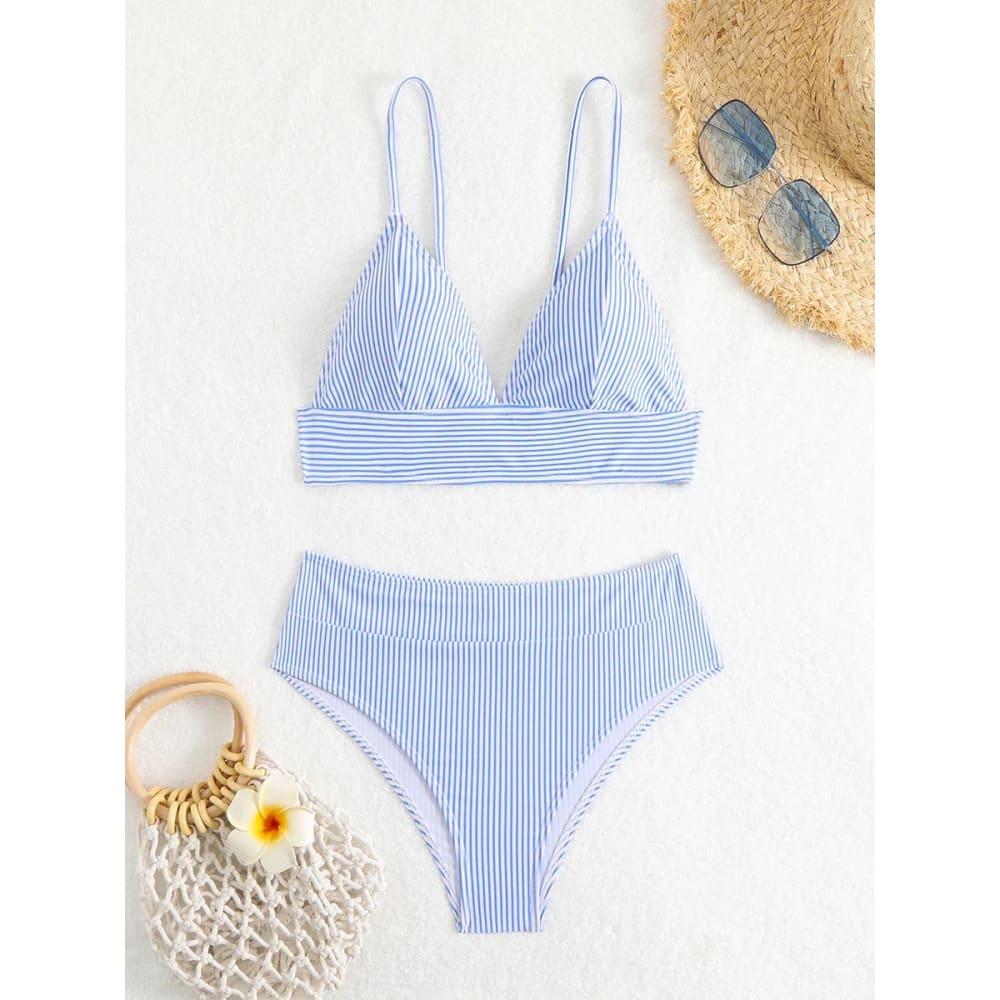 Striped High-Waisted Ruffle Bikini Set - On sale