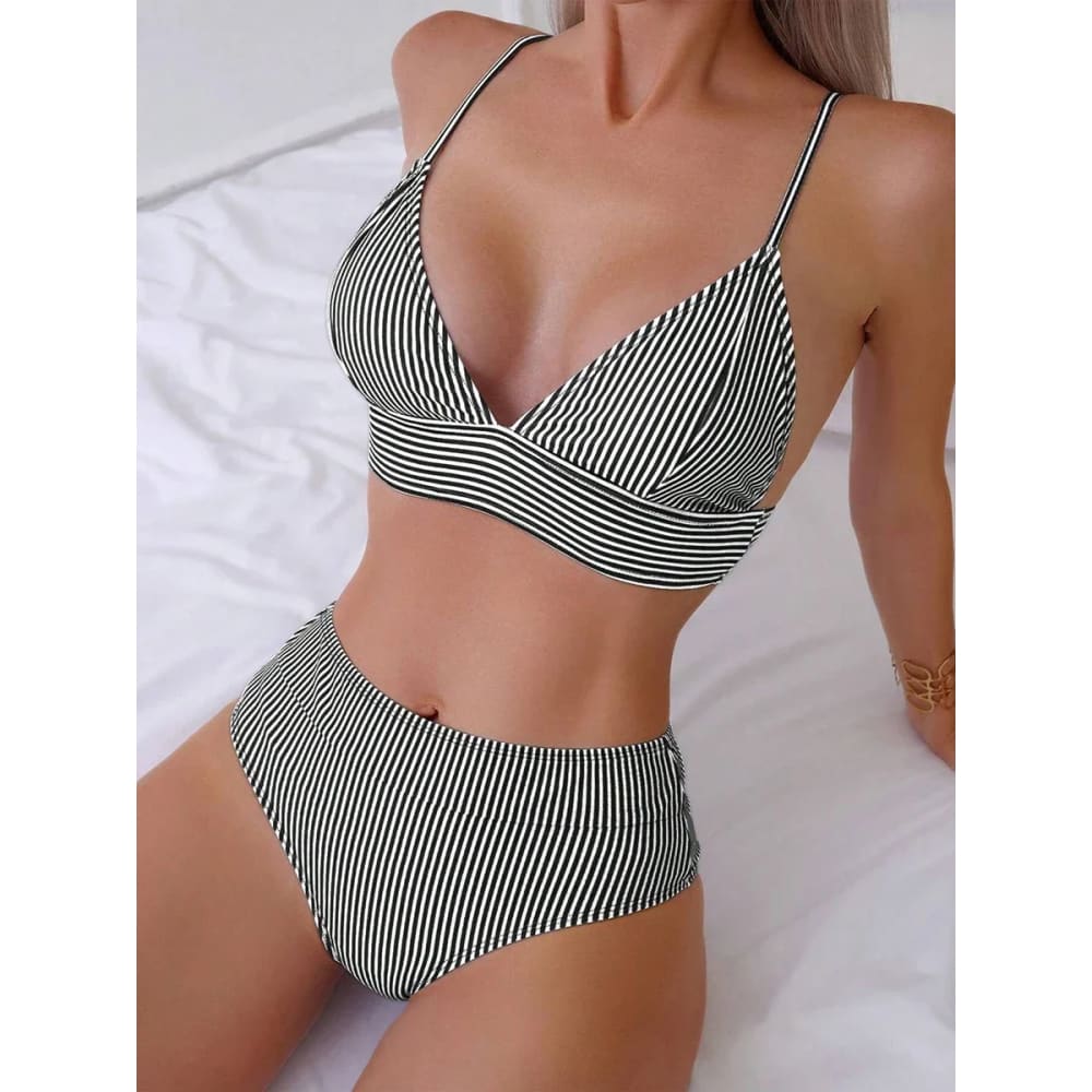 Striped High-Waisted Ruffle Bikini Set - Black / L On sale