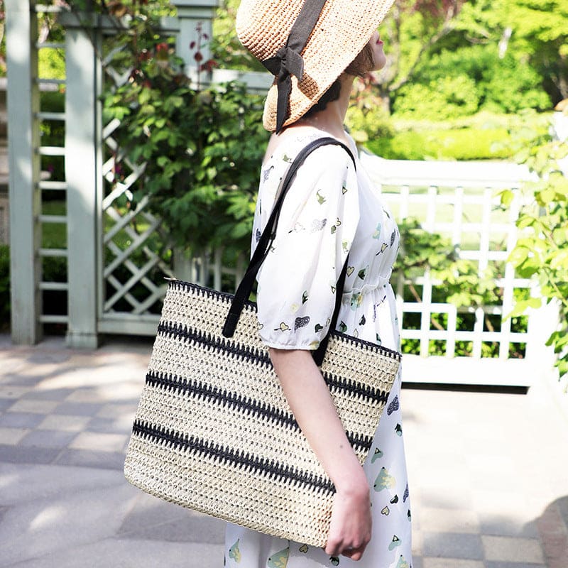 Striped Large Capacity Casual Handbag Summer Straw Bags - On sale