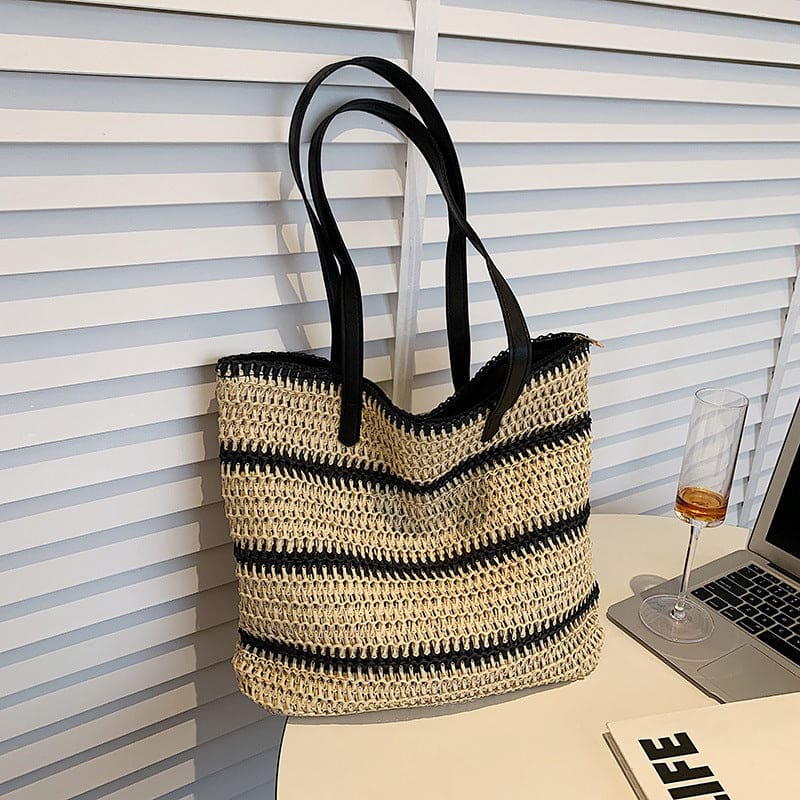 Striped Large Capacity Casual Handbag Summer Straw Bags - On sale