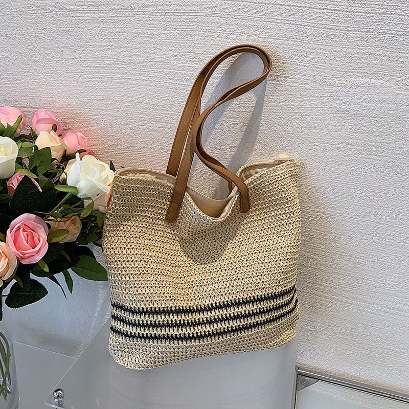 Striped Large Capacity Casual Handbag Summer Straw Bags - On sale