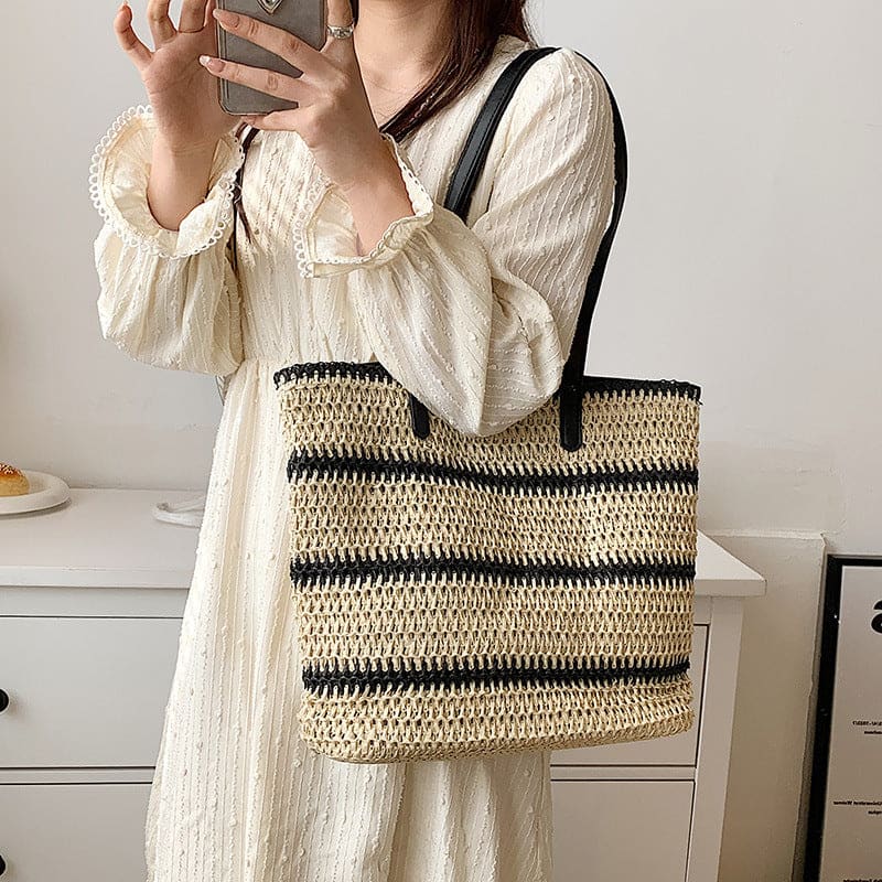 Striped Large Capacity Casual Handbag Summer Straw Bags - On sale