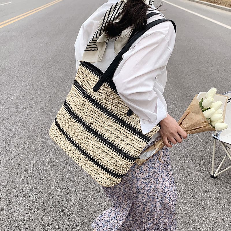 Striped Large Capacity Casual Handbag Summer Straw Bags - On sale