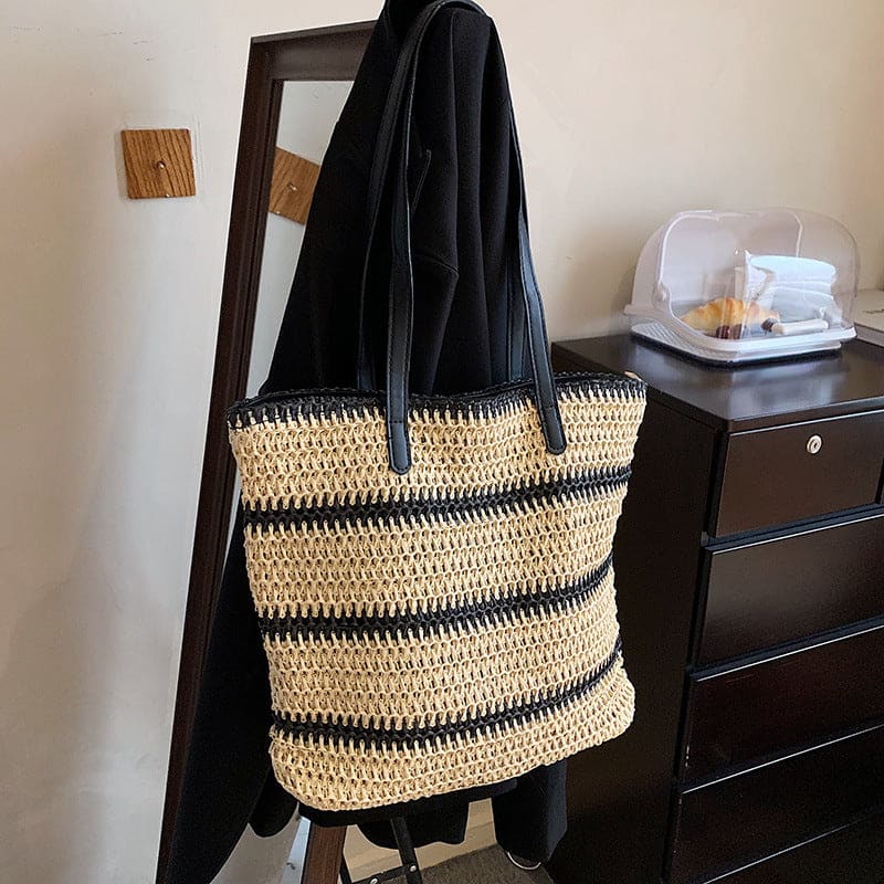 Striped Large Capacity Casual Handbag Summer Straw Bags - On sale