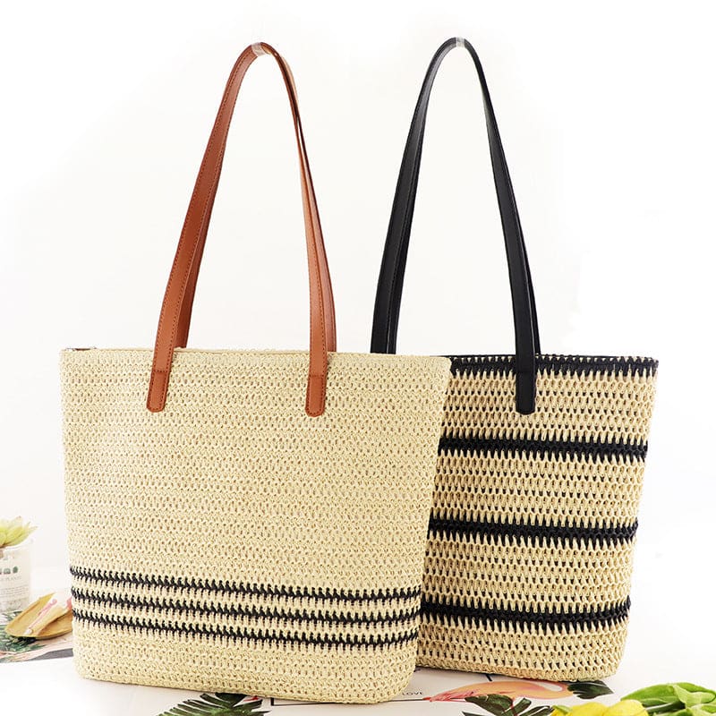 Striped Large Capacity Casual Handbag Summer Straw Bags - On sale