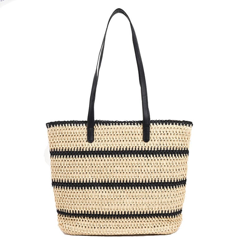 Striped Large Capacity Casual Handbag Summer Straw Bags - Black On sale
