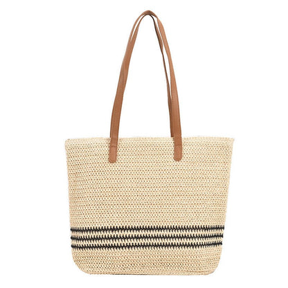 Striped Large Capacity Casual Handbag Summer Straw Bags - Khaki On sale