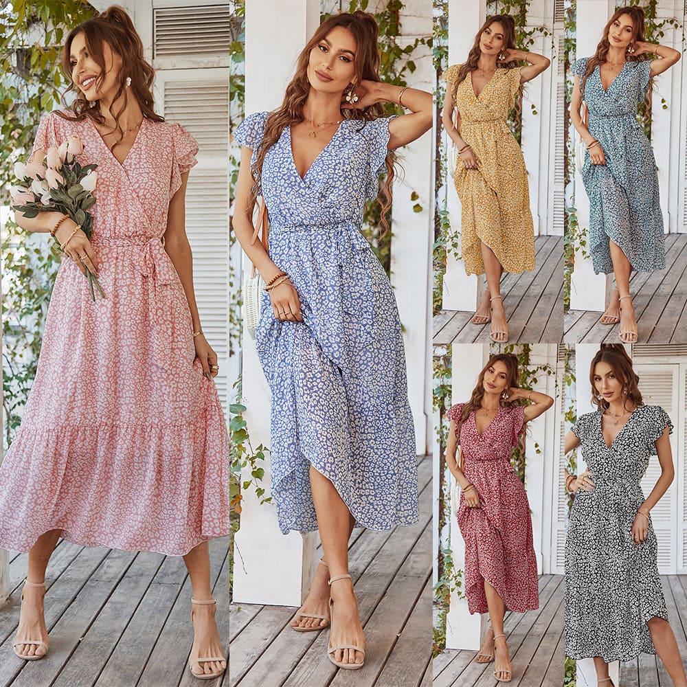 Summer Dresses Boho Floral Ruffle Cap Sleeve V Neck Dress - On sale