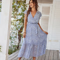 Summer Dresses Boho Floral Ruffle Cap Sleeve V Neck Dress - Blue / L On sale