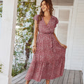 Summer Dresses Boho Floral Ruffle Cap Sleeve V Neck Dress - Burgundy / L On sale