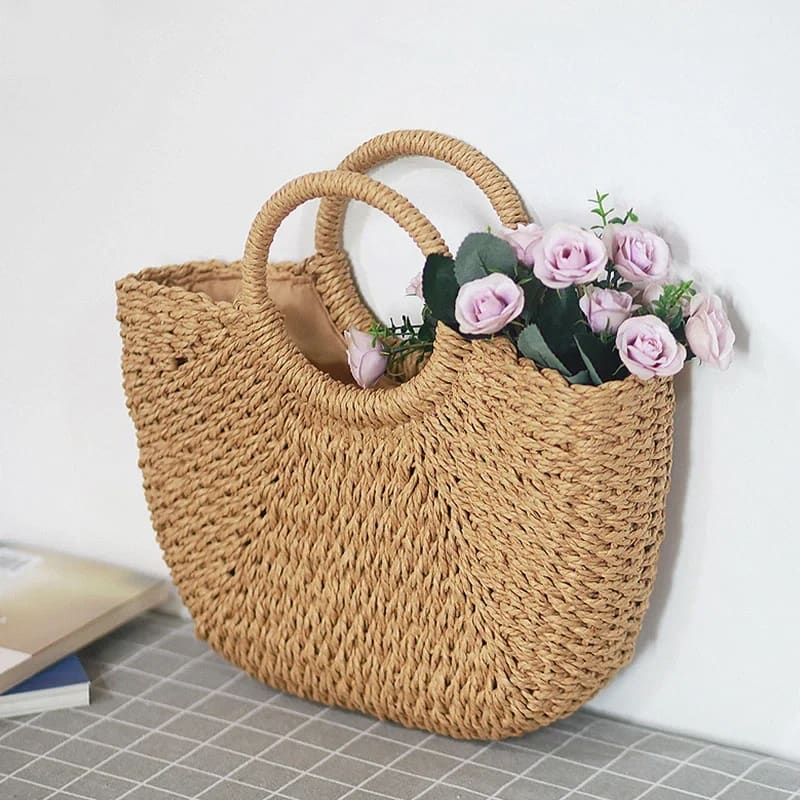 Summer Handmade Moon-Shaped Straw Beach Tote - On sale