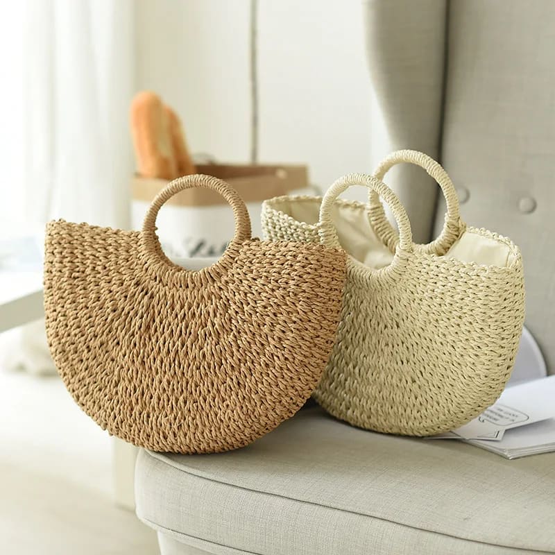 Summer Handmade Moon-Shaped Straw Beach Tote - On sale