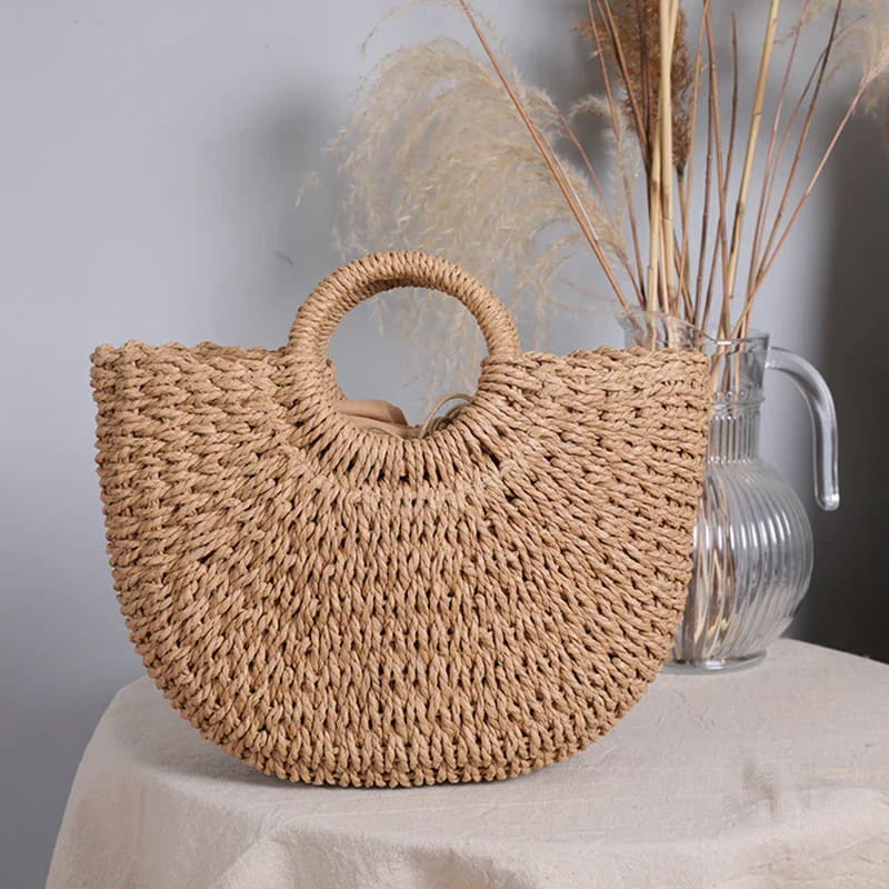 Summer Handmade Moon-Shaped Straw Beach Tote - On sale