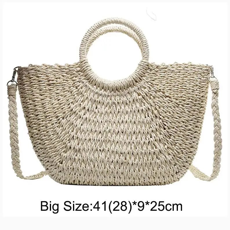 Summer Handmade Moon-Shaped Straw Beach Tote - Beige addstrap L / as picture On sale