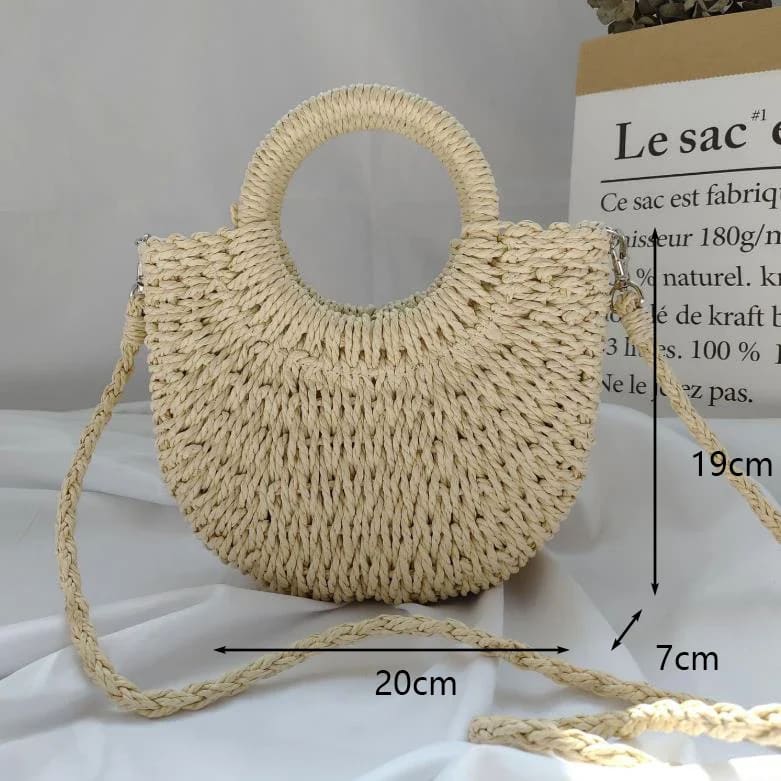 Summer Handmade Moon-Shaped Straw Beach Tote - Beige addstrap S / as picture On sale