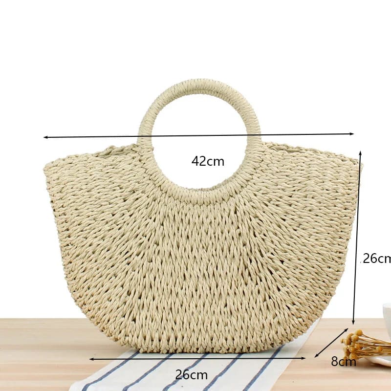 Summer Handmade Moon-Shaped Straw Beach Tote - Beige no strap L / as picture On sale