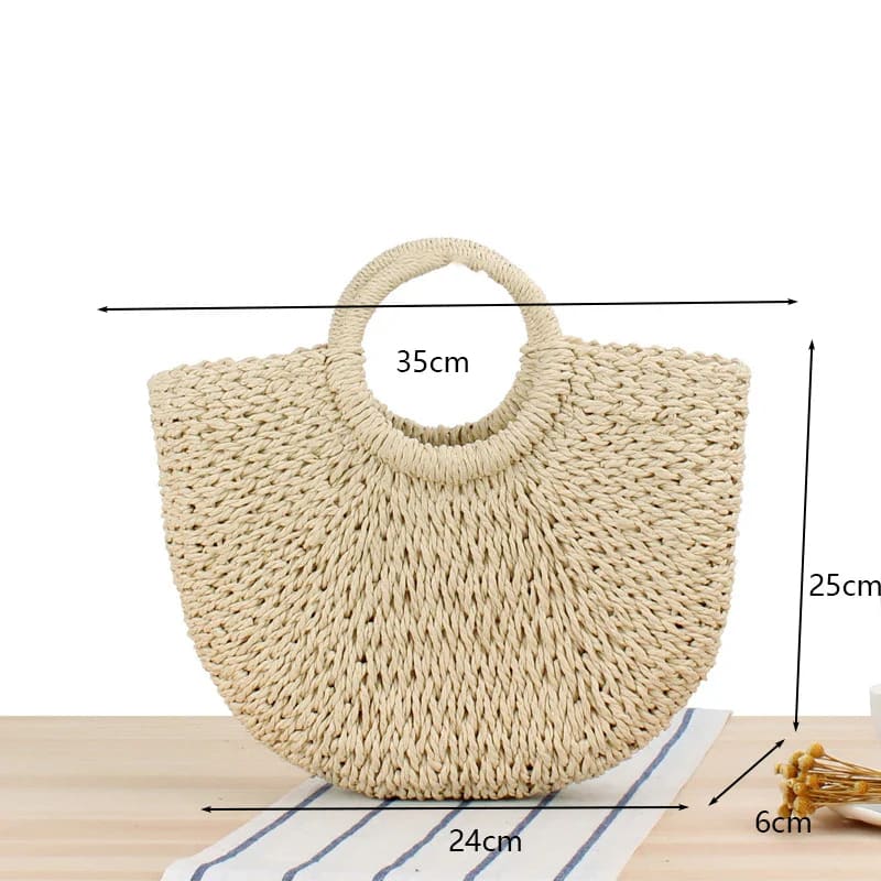 Summer Handmade Moon-Shaped Straw Beach Tote - Beige no strap M / as picture On sale