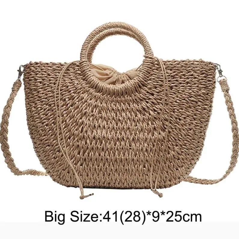 Summer Handmade Moon-Shaped Straw Beach Tote - Khaki addstrap L / as picture On sale