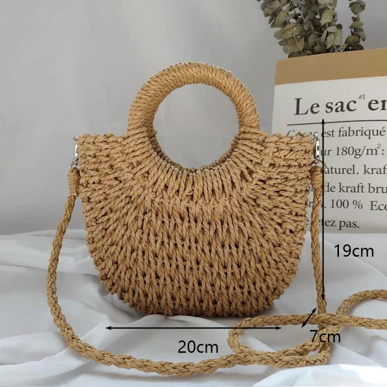 Summer Handmade Moon-Shaped Straw Beach Tote - Khaki addstrap S / as picture On sale