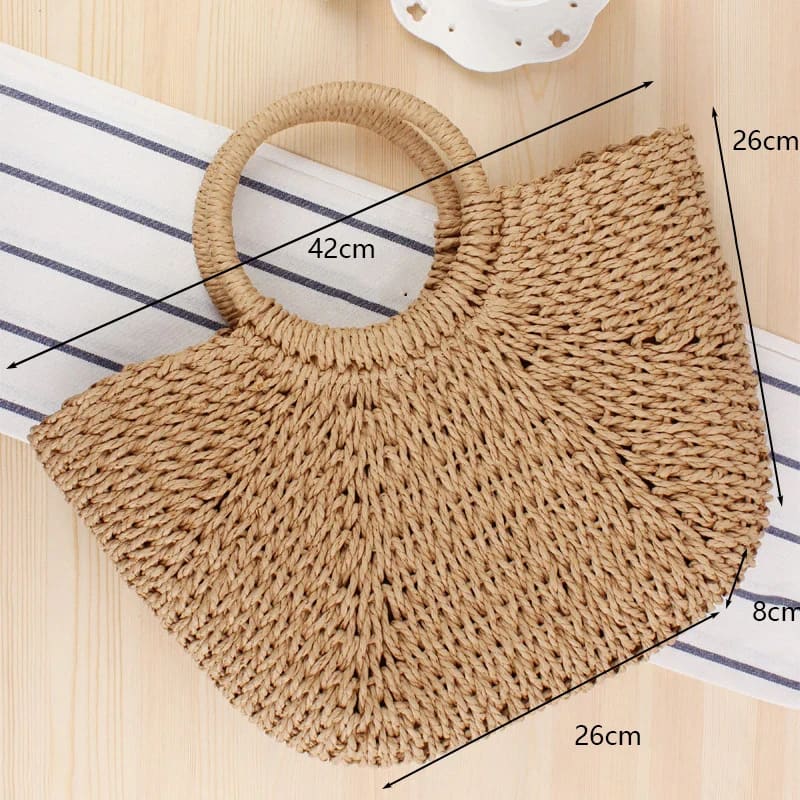 Summer Handmade Moon-Shaped Straw Beach Tote - Khaki no strap L / as picture On sale