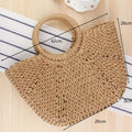 Moon-shaped straw tote size chart: 42cm top width, 26cm tall, 8cm base, khaki beige