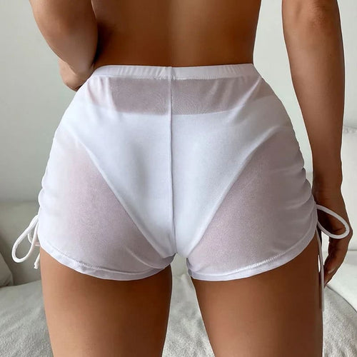 White mesh high-waist bikini shorts with drawstring side ties and elastic waistband