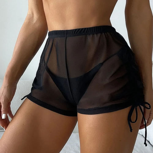 Black mesh high-waist bikini shorts with drawstring side ties and elastic waistband