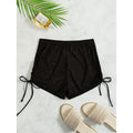 Black mesh high-waist drawstring bikini shorts with side tie strings and elastic waistband