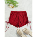 Red mesh high-waist bikini shorts with drawstring ties, elastic waistband