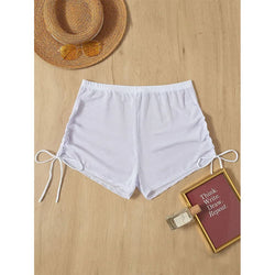 White mesh high-waist drawstring bikini shorts with side tie strings and elastic waistband