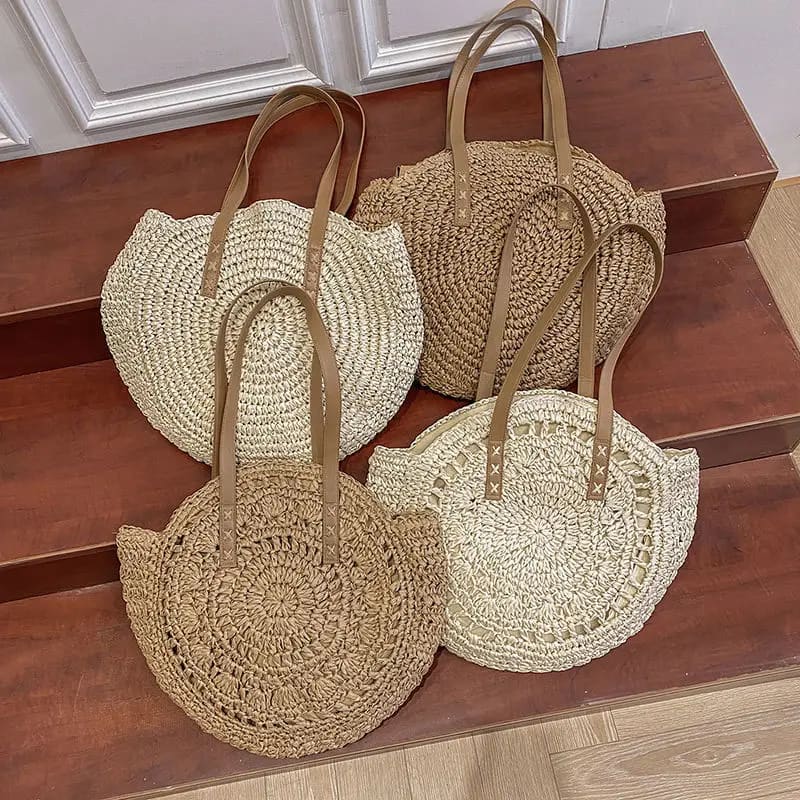 Summer Round Straw Tote Handbag with Zipper Closure - On sale