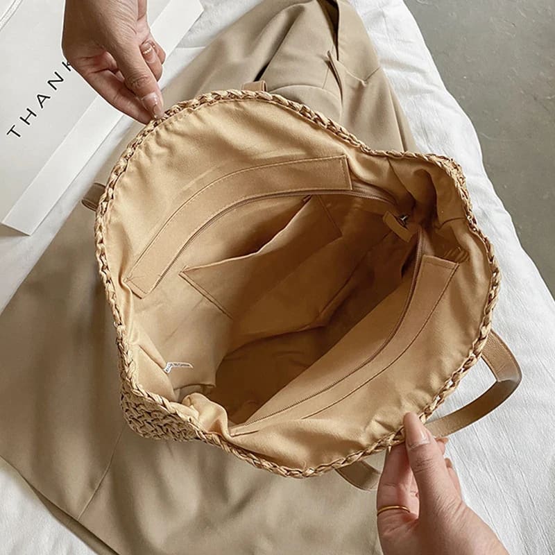 Summer Round Straw Tote Handbag with Zipper Closure - On sale