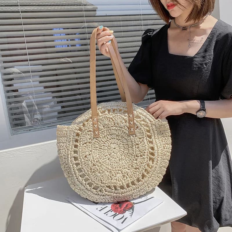 Summer Round Straw Tote Handbag with Zipper Closure - On sale