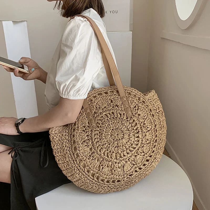Summer Round Straw Tote Handbag with Zipper Closure - On sale
