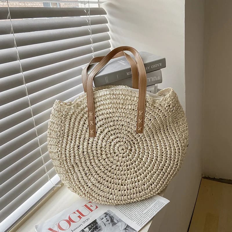 Summer Round Straw Tote Handbag with Zipper Closure - Beige / 43x2x38cm On sale