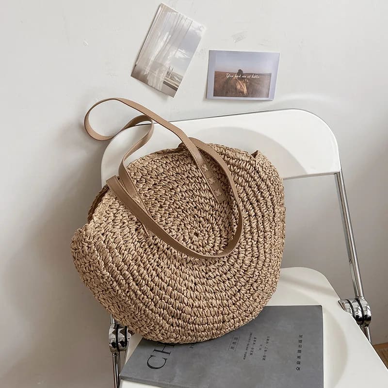 Summer Round Straw Tote Handbag with Zipper Closure - Khaki / 43x2x38cm On sale