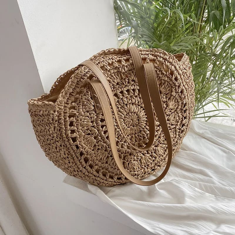Summer Round Straw Tote Handbag with Zipper Closure - Khaki Hollow / 43x2x38cm On sale