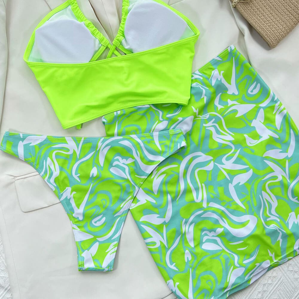 Swirl High Cut Tie String Halter Three Piece Swimsuit - On sale