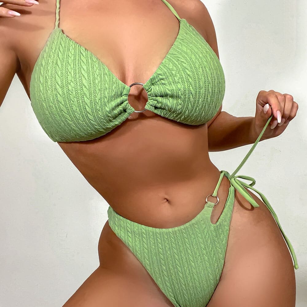 Textured Tie Side String O Ring Bralette Brazilian Bikini - On sale