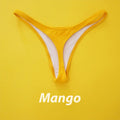Mango thong bikini bottom with high-cut legs and white-lined center.