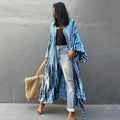 Blue tie-dye long kimono cover-up with open front and wide kimono sleeves