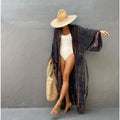 Long kimono swimsuit cover-up in dark navy tie-dye, open front, belt, wide sleeves