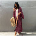 Purple tie-dye long kimono swimsuit cover-up with open V front and wide sleeves