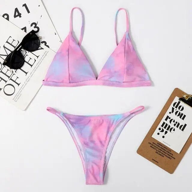 Tie Dye Mini Brazilian Thong Triangle Bikini Swimsuit - Pink / M On sale