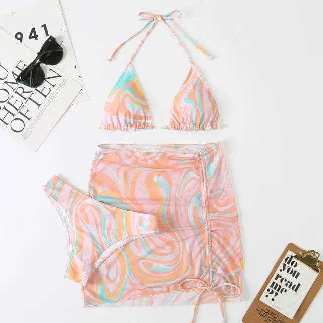 Tie Dye String Thong Three Pieces Bikini Sets With Skirt - ZM22008-JVS / L On sale