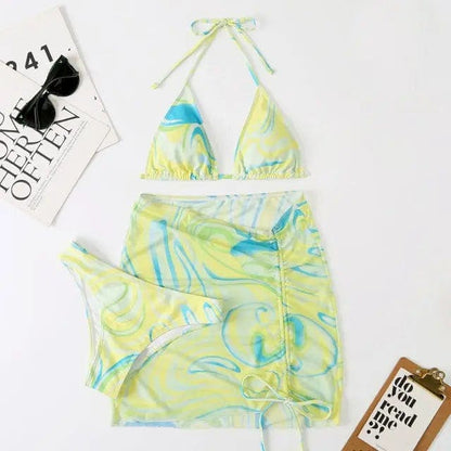 Tie Dye String Thong Three Pieces Bikini Sets With Skirt - ZM22008-LVS / L On sale